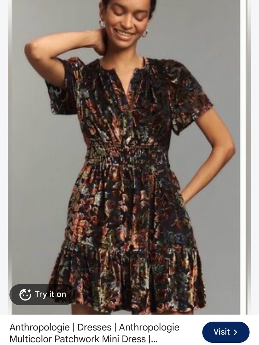 Anthropologie Black Floral Velvet Short Dress